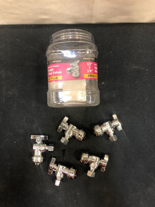 Photo 2 of 1/2 in. Chrome-Plated Brass Push-To-Connect x 3/8 in. O.D. Compression Quarter-Turn Angle Stop Valve Pro Pack (6-Pack)
