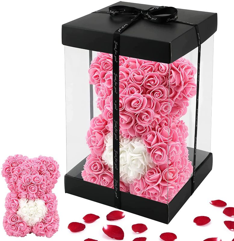 Photo 1 of Rose Bear, Rose Teddy Bear - Over 250+ Flowers on Every Rose Flower Bear, Gifts for Women,Unique Gifts,Girlfriend Gifts,Girls,mom - 10 inch Clear Gift Box (Pink, 10inc)
