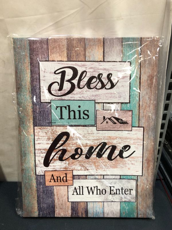 Photo 2 of Bless This Home Wall Art Hall Way Sign Decor Canvas Pictures Entryway Rustic Farmhouse Canvas Pictures Wooden Board Framed Canvas Art Quotes Prints for Living Room Bedroom Office Wall Decor 12" x 16"

