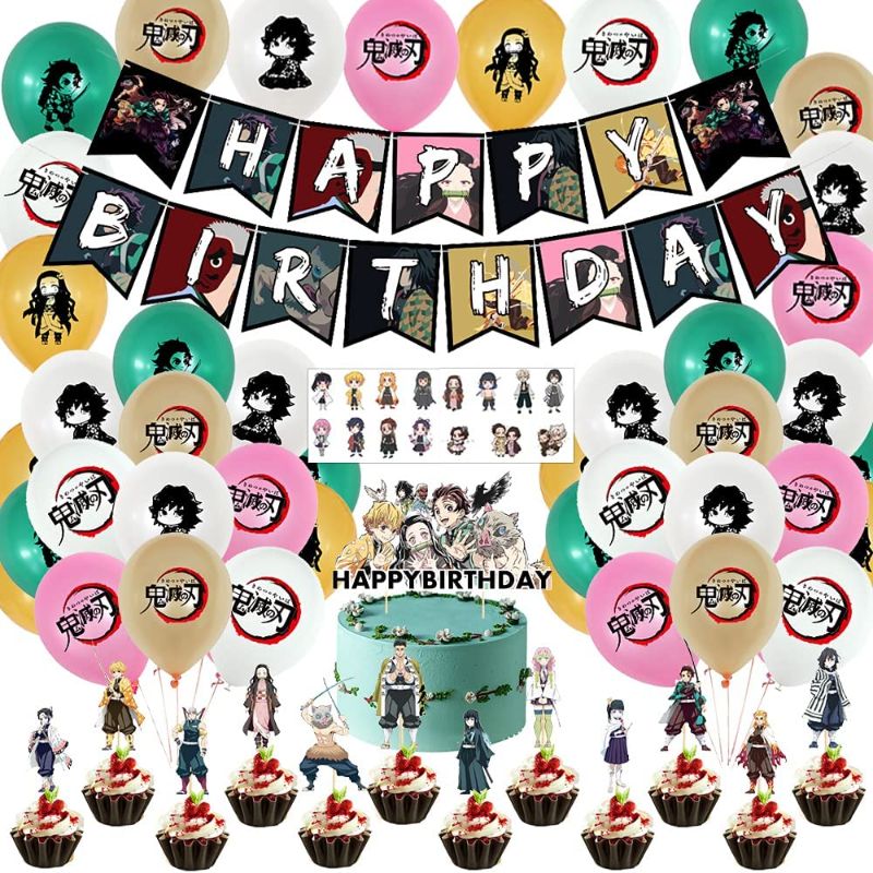 Photo 2 of Demon Slayer Birthday Party Decorations, Demon Slayer Theme Birthday Party Supplies?30pcs Balloons, 1pc Happy Birthday Banner, 12pcs Cupcake Toppers, 1pc Cake Toppers?16pcs sticker.
