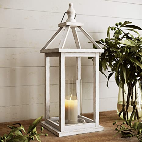 Photo 1 of Barnyard Designs Wood Lantern Decor, Rustic Decor Candle Lantern, Outdoor Lanterns Farmhouse Candle Holder, Decorative Lanterns for Wedding, Farmhouse Table Decor, Small, 6.75" x 15.5", Whitewash
