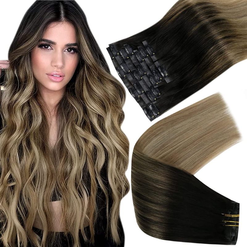 Photo 1 of Full Shine Real Hair Extensions Clip in Human Hair 20Inch Human Hair Clip in Extensions Color 2 Dark Brown to 8 Highlighted 22 Blonde Seamless Clip in Hair Extension Human Hair Ombre 8 Pieces 120 Grams
