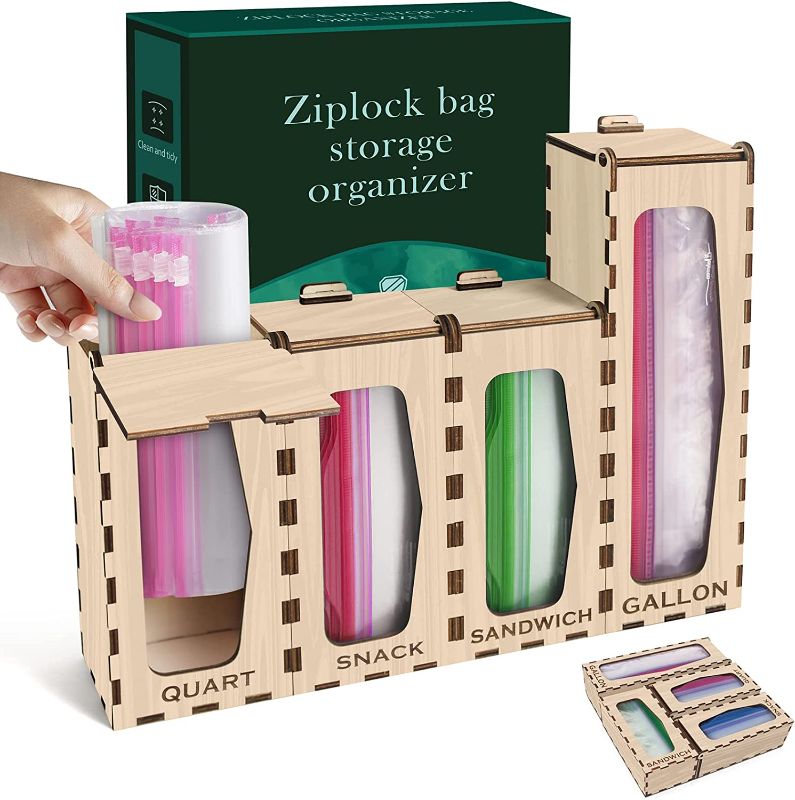 Photo 1 of (Fully Assembled) FLRUL 4 Packs Wooden Ziplock Bag Storage Organizers for Pantry Drawer, Plastic Slider Baggie Dispenser Holders, Compatible with Ziploc Brand for Gallon Quart Snack Sandwich Bag
