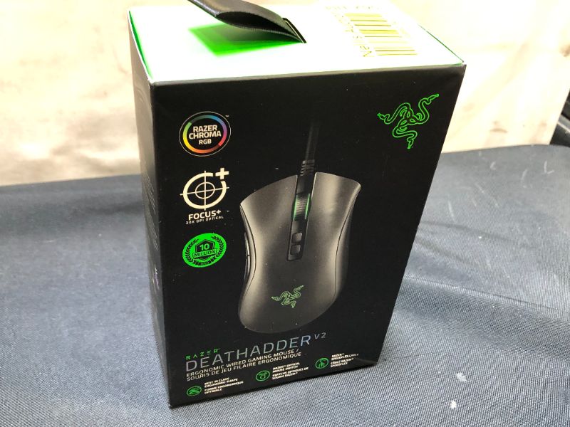 Photo 2 of Razer DeathAdder V2 Gaming Mouse: 20K DPI Optical Sensor - Fastest Gaming Mouse Switch - Chroma RGB Lighting - 8 Programmable Buttons - Rubberized Side Grips - Classic Black---factory sealed 
