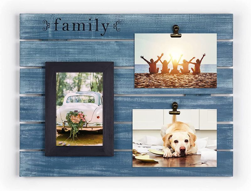 Photo 1 of  Collage Picture Photo Frame Display Board “Family” Made of Pine Wood with Clips for 3 Pictures Holding in 4x6-in for Wall Mounting or Hanging - Blue
