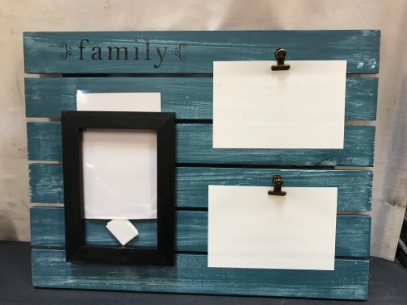 Photo 2 of  Collage Picture Photo Frame Display Board “Family” Made of Pine Wood with Clips for 3 Pictures Holding in 4x6-in for Wall Mounting or Hanging - Blue
