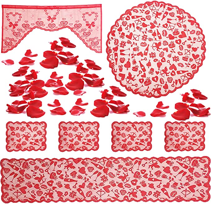 Photo 1 of Anditoy Mothers Day Decorations Set with 1 Tablecloth Runner, 4 Placemats, 1 Round Table Cover, 1 Door Window Curtain, 200 PCS Rose Petals for Mothers Day Decorations Home Party Supplies