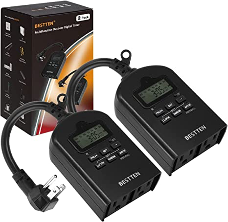 Photo 1 of [2 Pack] BESTTEN 7 Day Outdoor Digital Programmable Timer with Clock and Push Button, Countdown Timer with 2 Grounded Outlets, Black, ETL Listed