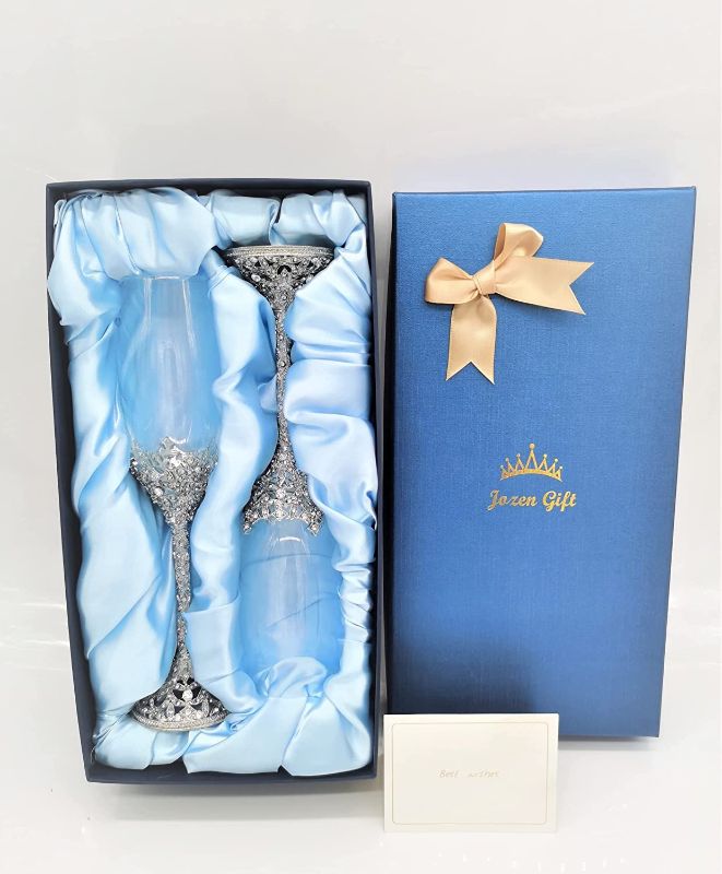 Photo 1 of Champagne Flutes - Crystal Champagne Glasses Metal Base With Crystal Stones, Set of 2 Toasting Flute Pair, Wedding Anniversary Party Birthday Banquets and Gifts for Bride and Groom7oz