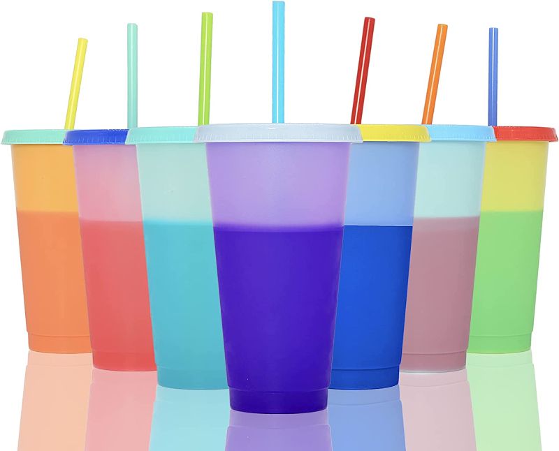 Photo 1 of 7 color changing cups with lids and straws, with extra 7 color changing straws reusable, 24oz tumbler plastic summer cup cold cups coffee bulk clear tumblers party cup