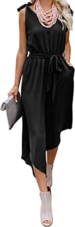 Photo 1 of BELONGSCI Women Outfit Sleeveless Shoulder Bandage Waistband Sexy V-Neck Wide Leg Long Jumpsuit with Belt