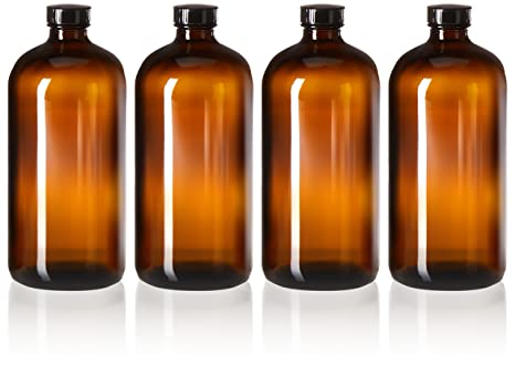 Photo 1 of 4 Pack - 32oz Boston Round Air Tight Seal Amber Glass Growler Kombucha Bottles- with Phenolic Poly Cone Insert Caps for Secondary Kombucha Fermentation and Film Developing Bottles
