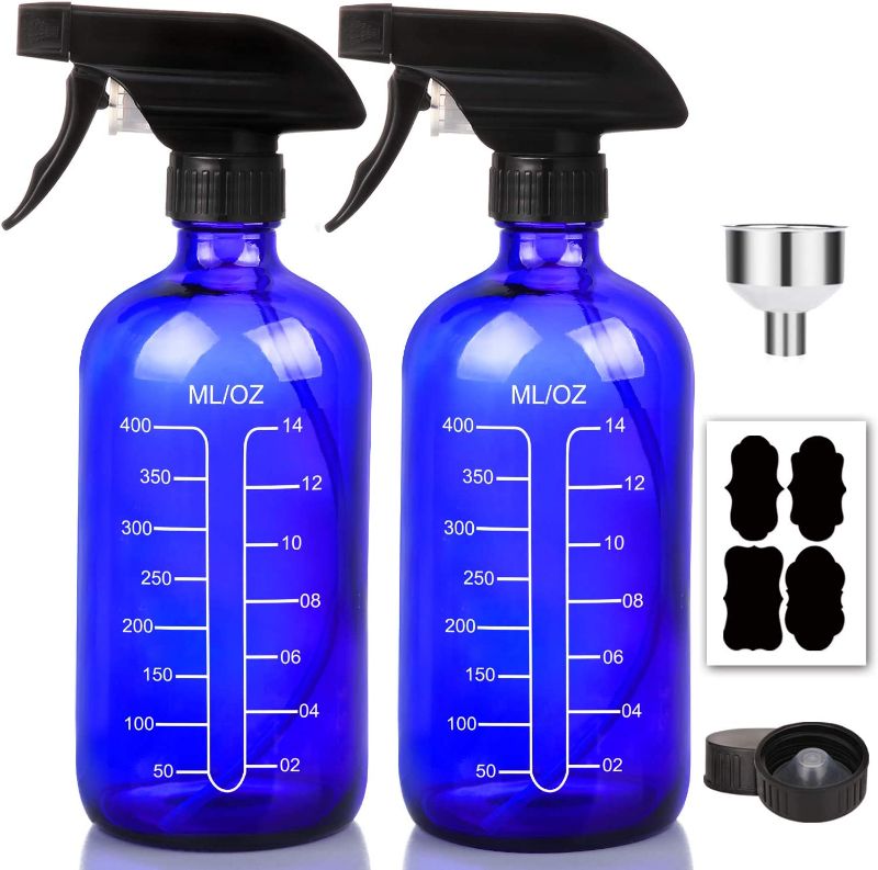 Photo 1 of 16oz Cobalt Blue Glass Spray Bottles with Measurements - Empty Reusable Refillable Container with Funnel and Labels for Mixing Essential Oils, Homemade Cleaning Products(2 Pack)