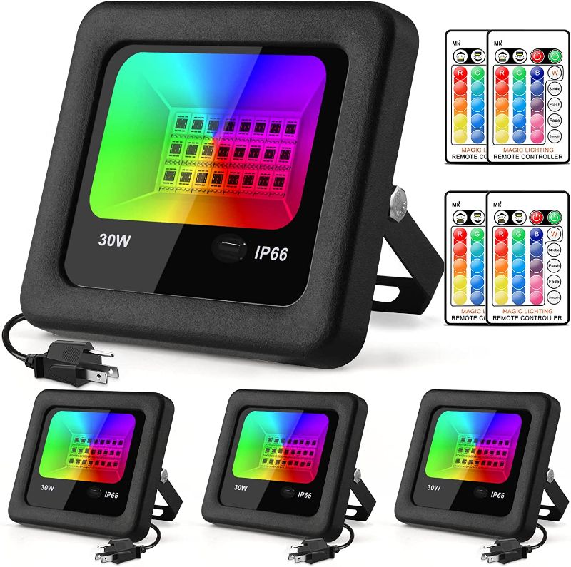 Photo 1 of LED Flood Light 30W, HugeHard Remote Smart Floodlights Color Changing with IP66 Waterproof, 16 Colors, Memory Function, Dimmable, for RGB Garden Stage Lighting, Uplighting Party (4 Pack)