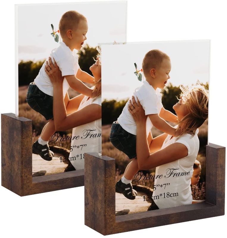 Photo 1 of 5x7 Picture Frame Set of 2, Rustic U-shaped Double Sided Frames Made to Display 5 by 7 Photos for Desk Tabletop  --Color Light Brown--