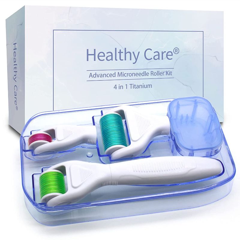 Photo 1 of Derma Roller Microneedling Kit for Body Face - Healthy Care 4 in 1 Titanium Micro Needle Microdermabrasion Roller for Glowing Skin - Microneedler Facial Needle Roller