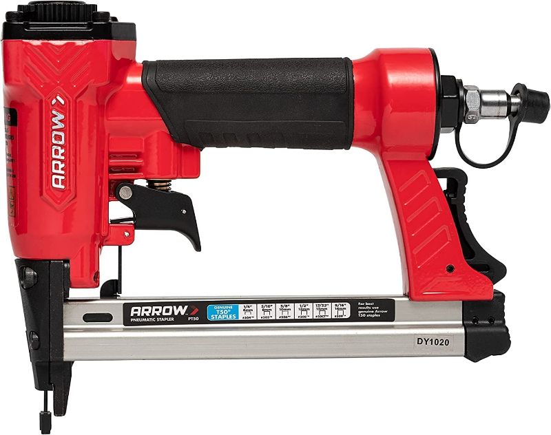 Photo 1 of Arrow PT50 Oil-Free Pneumatic Staple Gun, Professional Heavy-Duty Stapler for Wood, Upholstery, Carpet, Wire Fencing, Fits 1/4”, 5/16”, 3/8", 1/2", 9/16” Staples , Red
