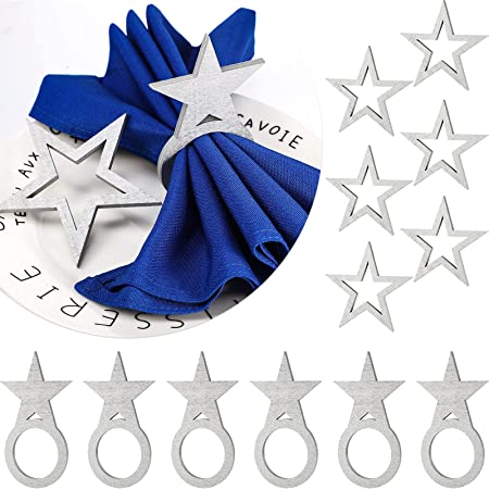 Photo 1 of 12 Pieces 4th of July Napkin Rings Star Napkin Rings Holder Wooden Patriotic Independence Day Napkin Rings Holders Wood Buckle Napkin Ring for Wedding Party Dinner Table Decor (Silver)
