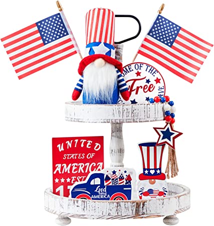 Photo 1 of 4th of July Decorations Tiered Tray Decor, Patriotic Decorations 3D Wood Sign Fourth of July Decorations for American Independence Memorial Day Kitchen Home Party Decor (8 PCS)
