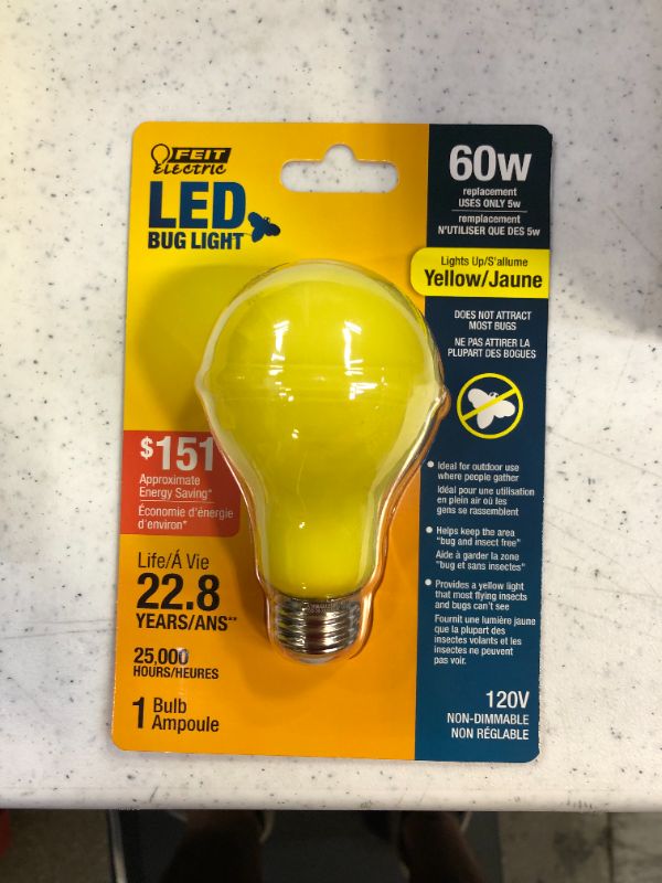 Photo 2 of 6 pack of Feit Electric LED 5W(60W Equivalent) Yellow Bug Light A19 E26 Non-Dimmable