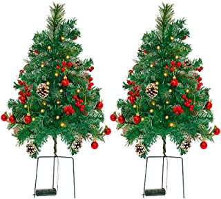 Photo 1 of 2 Pack 30 Inch Outdoor Pathway Christmas Trees Battery Operated Pre-Lit Artificial Tree Decoration with 60 LED Lights,Holiday Décor for Porch,Driveway,Red Berries,Pine Cones,Red Ball Ornaments