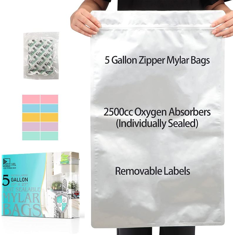 Photo 1 of 5 Gallon Mylar Bags with 2500CC Oxygen Absorbers and Labels, Zipper Resealable Pouches Heat Sealable Bags for Long Term Food Storage (20 pcs)
