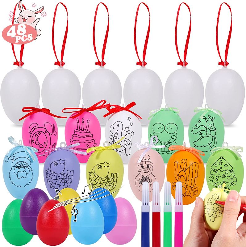 Photo 1 of 48PCs Easter Egg Set-18PCs Musical Egg Shakers, 18PCs Colorful Hanging Eggs with Preprinted Drawings, 18PCS Hanging White Eggs, sets of DIY Painting Markers Easter Decorations Party Favors
