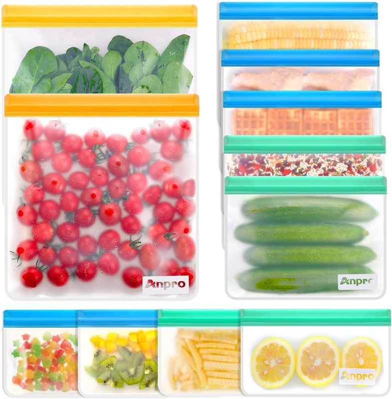 Photo 1 of Anpro Reusable Food Storage Bags Leakproof - 11 Pack Anpro BPA Free Freezer Bags (2 Reusable Gallon Bags, 5 Resuable Sandwich Bags, 4 Reusable Snack Bags), Silicone Bags for Lunch
