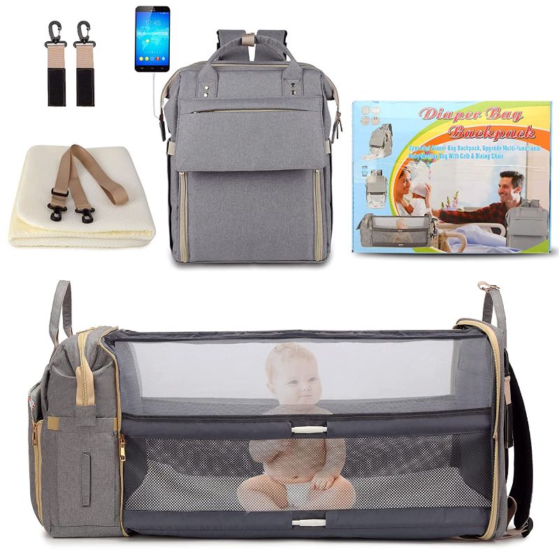 Photo 1 of Baby Diaper Bag Backpack with Changing Station & Baby Feeding Harness Seat(Grey)