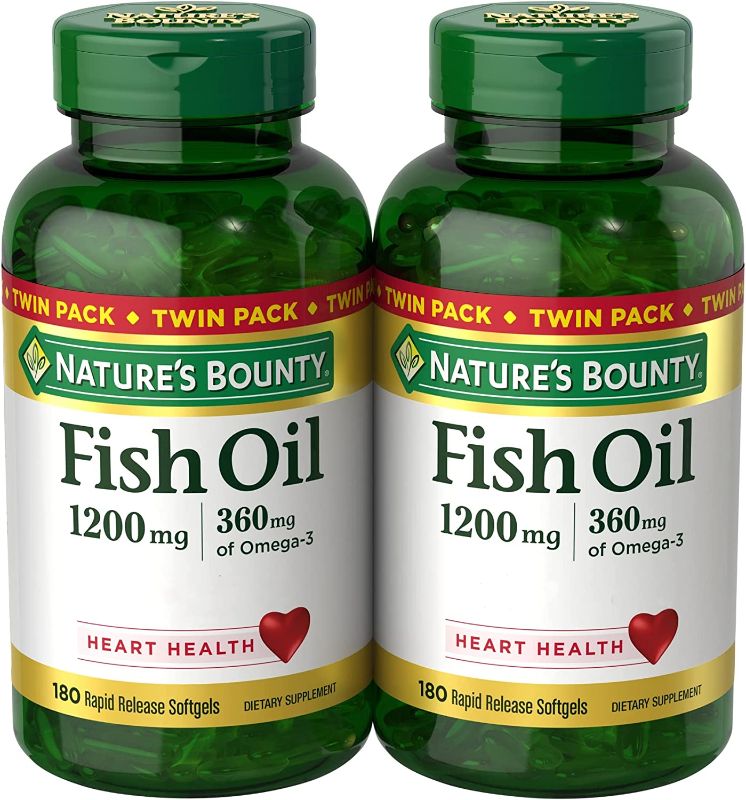 Photo 1 of /Nature’s Bounty Fish Oil 1200 Mg, Twin Pack, Supports Heart Health With Omega 3 EPA & DHA, 360 Rapid Release Softgels, EXP 07/2022
