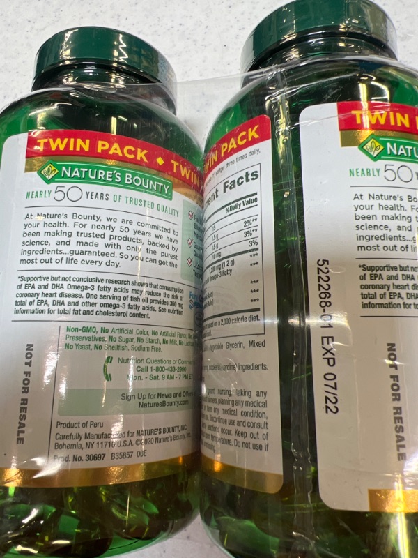 Photo 3 of /Nature’s Bounty Fish Oil 1200 Mg, Twin Pack, Supports Heart Health With Omega 3 EPA & DHA, 360 Rapid Release Softgels, EXP 07/2022
