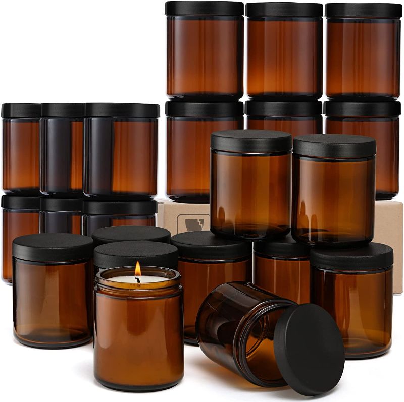 Photo 1 of 24 Pack, 8 OZ Thick Amber Round Glass Jars with 24 Lids, Leakproof & Dishwasher Safe