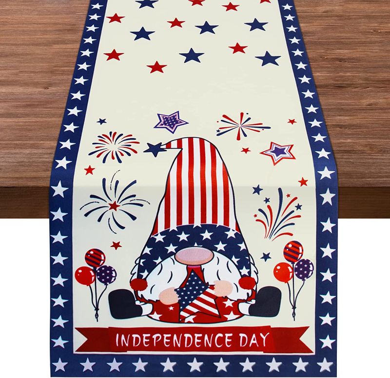 Photo 1 of 4th of July Table Runner Decorations, 13x72Inches Patriotic Independence Day Table Runner for Home Holiday Kitchen Dining Memorial Day Table Decor Star and Stripe Gnome
