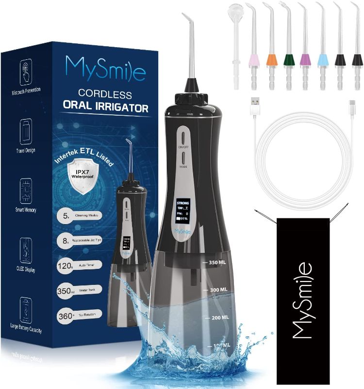 Photo 1 of MySmile Powerful Cordless Water Dental Flosser Portable Oral Irrigator with OLED Display 5 Modes 8 Replaceable Jet Tips and 350 ML Detachable Water Tank for Home Travel Use (Black)
