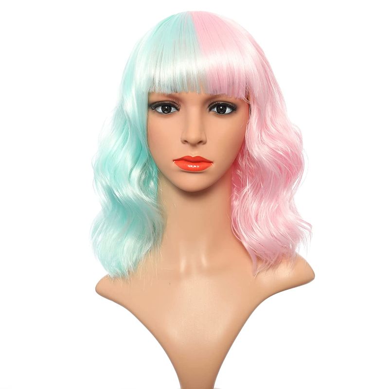 Photo 1 of Blue and Pink Wigs for Cruella Devillel Cosplay, Short Fluffy Wavy Half Blue and Pink Wig Short Bob Wavy Wig with Bangs Heat Resistant Synthetic Hair for Halloween Costume Christmas Carnival Party
