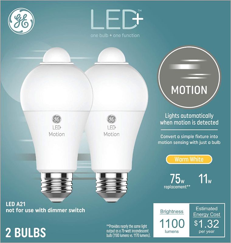 Photo 1 of GE LED+ Outdoor Security Light Bulbs with Motion Sensors, Warm White, Medium Base (Pack of 2)
