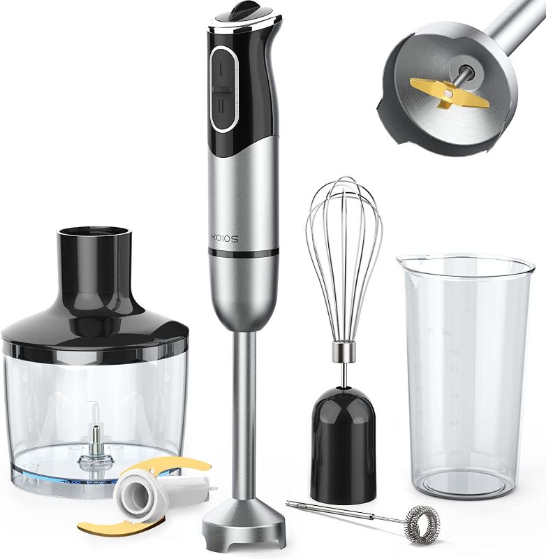 Photo 1 of KOIOS 800W Immersion Hand Blender, Multifunctional 5-in-1 Low Noise Stick Mixer, 9-Speed, Stainless Steel, Titanium Plated Blade, includes 600ml Mixing Beaker, 800ml Chopper, Whisk Attachment, and Milk Frother
