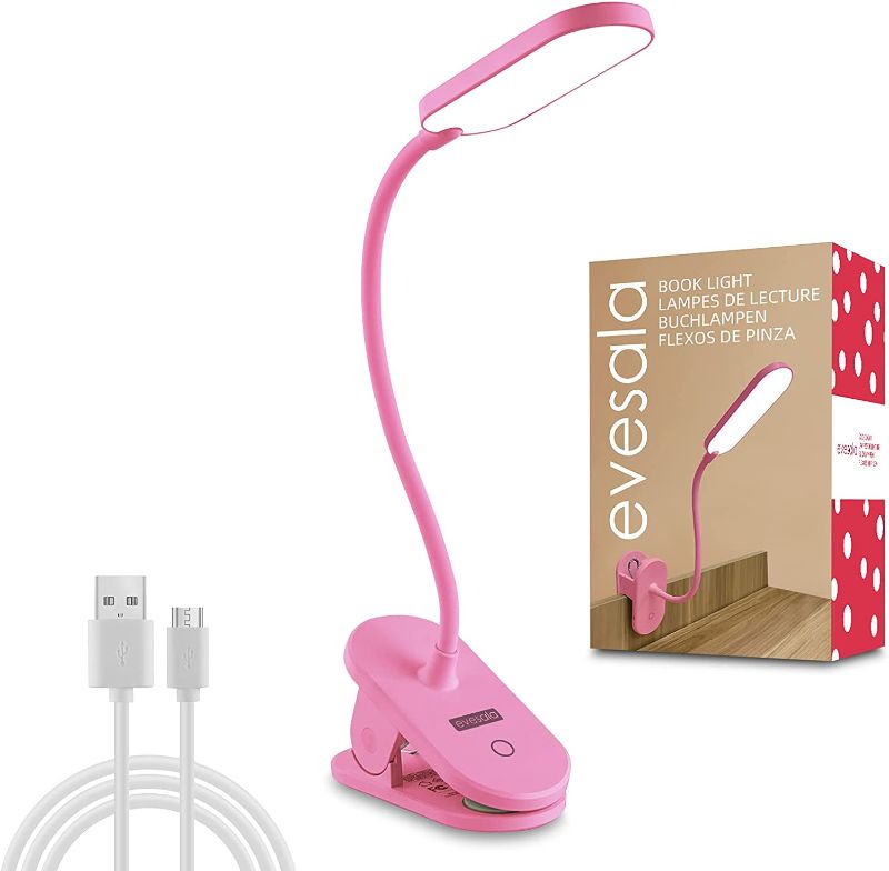 Photo 1 of Evesala USB Rechargeable Book Light Pink, Personal Dimmable LED Book Reading Light Clip On Headboard, Battery Powered Bunk Bed Reading Light for Kids, Girls Night Light Reading in Bed
