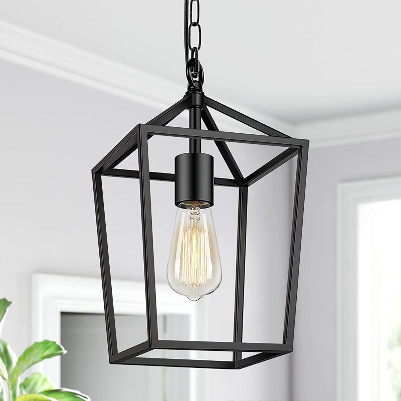 Photo 1 of Farmhouse Black Pendant Light for Kitchen Island Industrial Hanging Lantern Fixture Modern Metal Cage Lamp Chandelier Lighting for Dinning Room Hallway, 49in Adjustable Chain for Flat & Sloped Ceiling
