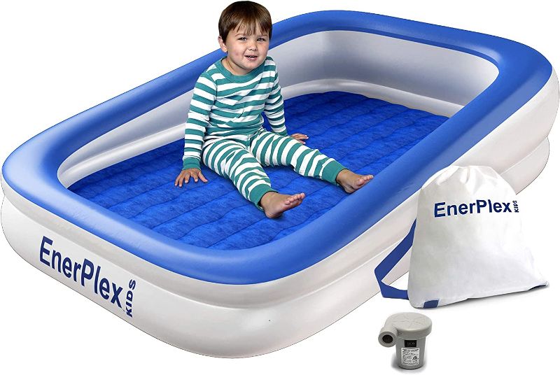 Photo 1 of EnerPlex Kids Inflatable Travel Bed with High Speed Pump, Portable Air Mattress for Kids on The Go, Blow up Toddler Travel Bed with Sides – Built-in Safety Bumper - Blue
