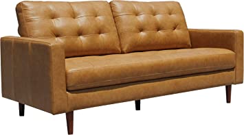 Photo 1 of Amazon Brand – Rivet Cove Mid-Century Modern Tufted Leather Apartment Sofa, 72"W, Caramel
