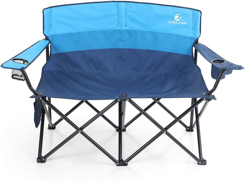 Photo 1 of ALPHA CAMP Camping Folding Chair Heavy Duty LoveSeat Support 450 LBS Oversized Steel Frame Collapsible Double Chair with Cup Holder for Outdoor
