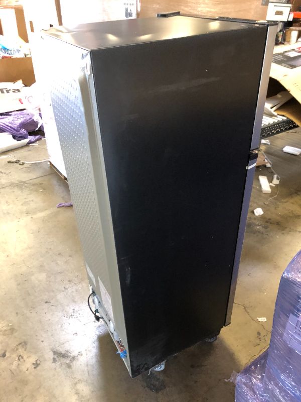 Photo 5 of Galanz GLR12TS5F Refrigerator, Dual Door Fridge, ** TOP CORNER DENTED, STENCH FROM INSIDE. Adjustable Electrical Thermostat Control with Top Mount Freezer Compartment, 12.0 Cu.Ft, Stainless Steel
