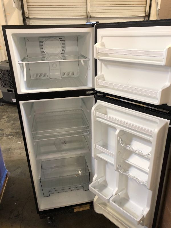 Photo 3 of Galanz GLR12TS5F Refrigerator, Dual Door Fridge, ** TOP CORNER DENTED, STENCH FROM INSIDE. Adjustable Electrical Thermostat Control with Top Mount Freezer Compartment, 12.0 Cu.Ft, Stainless Steel
