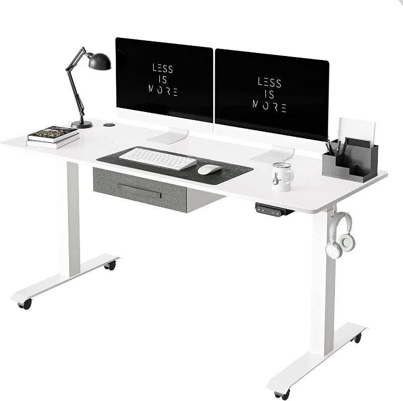 Photo 1 of BANTI Adjustable Height Standing Desk with Drawers, 63x24 Inches Electric Stand Up Desk, Sit Stand Home Office Desk with White Frame/White Top,B-SDE-63WE
