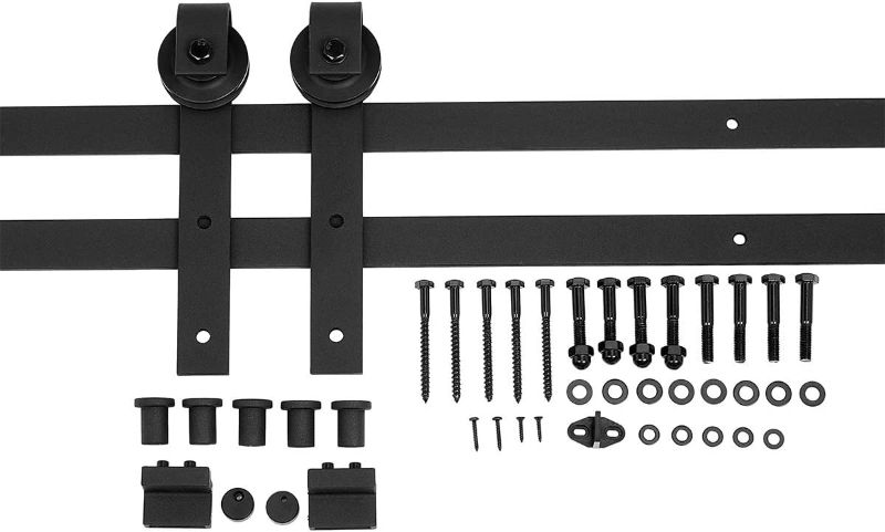 Photo 1 of Amazon Basics Sliding Barn Door Hardware Kit, 6.6 Foot, J Shape, Black
