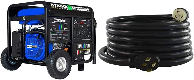 Photo 1 of DuroMax XP13000EH Generator, Blue/Gray & Conntek 1450SS2-15 50 Amp Temp Power Generator Cord, 15 Feet, Black
