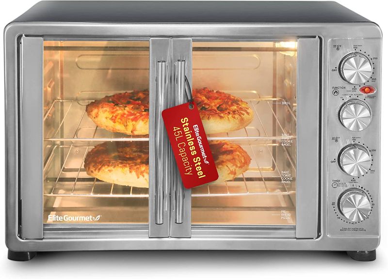 Photo 1 of Elite Gourmet ETO4510B French Door 47.5Qt, 18-Slice Convection Oven 4-Control Knobs, Bake Broil Toast Rotisserie Keep Warm, Includes 2 x 14" Pizza Racks, Stainless Steel
