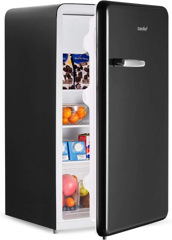 Photo 1 of COMFEE 3.3 Cubic Feet Solo Series Retro Refrigerator Sleek Appearance HIPS Interior, Energy Saving, Adjustable Legs, Temperature Thermostat Dial, Removable Shelf, Perfect for Home/Dorm/Garage [Black]------has a minor dent on the side ------------
