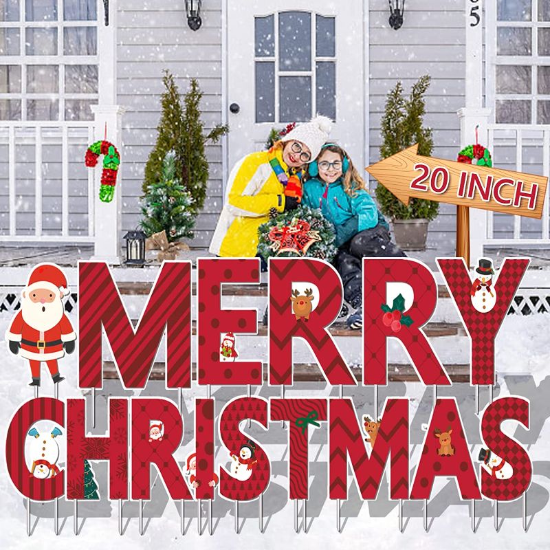 Photo 1 of 15PCS 20'' Merry Christmas Yard Sign 18Ft Outdoor Christmas Lawn Decorations with Stakes Waterproof Colorfast Christmas Decorations for Outdoor Yard Garden Lawn Pathway
